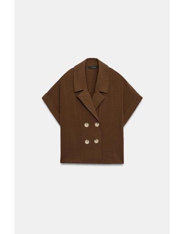 자라 크롭 더블 버튼 반팔 셔츠 4387/221/730 LIGHT BROWN