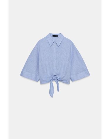 자라 크롭 린넨 혼방 매듭 셔츠 0340/151/406 LIGHT BLUE
