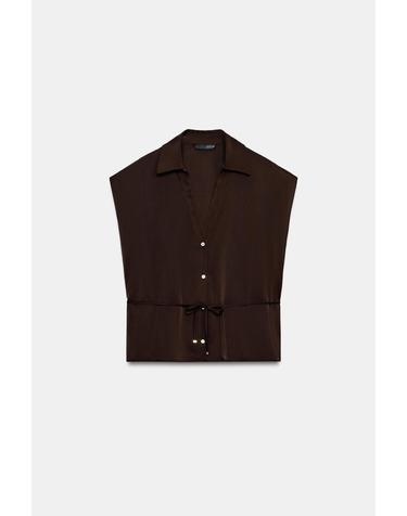 자라 슬림 벨트 V넥 반팔 새틴 셔츠 4016/922/700 BROWN