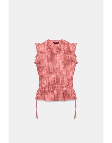 자라 깅엄 체크 셔링 러플 민소매 탑 3564/105/061 WHITE / RED