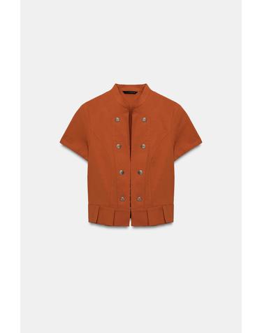 자라 플리츠 헴 버튼 장식 반팔 크롭 탑 7015/473/658 TERRACOTTA
