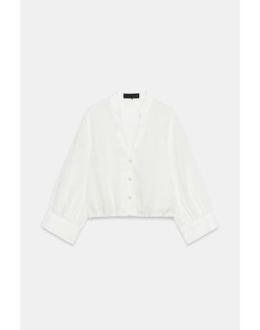 자라 린넨 혼방 브이넥 7부 소매 셔츠 7770/804/250 WHITE
