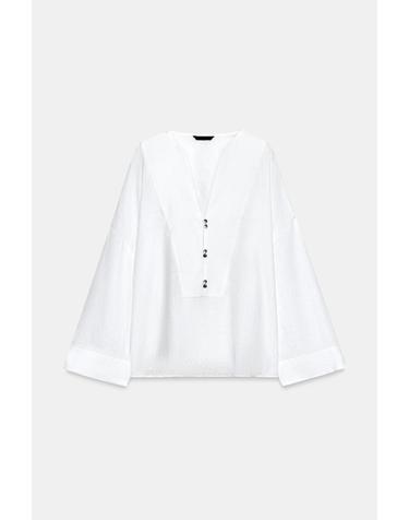 자라 100% 린넨 브이넥 기모노 셔츠 3071/352/250 WHITE