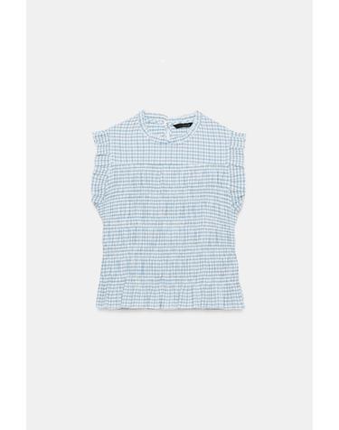 자라 깅엄 체크 러플 스모킹 민소매 탑 8741/238/080 ECRU / BLUE