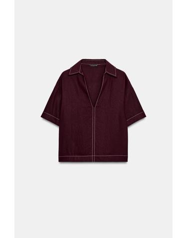 자라 린넨 혼방 파이핑 반팔 폴로 탑 8372/271/681 BURGUNDY