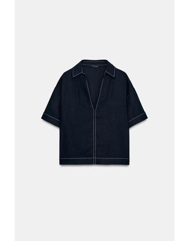 자라 린넨 혼방 파이핑 브이넥 반팔 탑 8372/271/401 NAVY BLUE