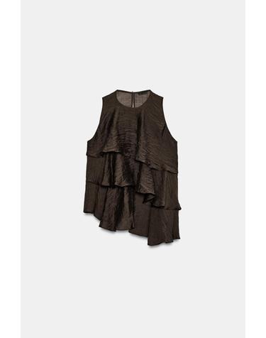 자라 러플 비대칭 헴 민소매 탑 3666/124/700 BROWN