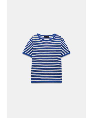 자라 스트라이프 라운드넥 반팔 니트 탑 4192/045/420 BLUISH