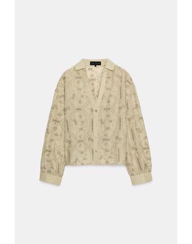 자라 컷워크 자수 브이넥 긴팔 셔츠 2949/221/506 LIGHT KHAKI