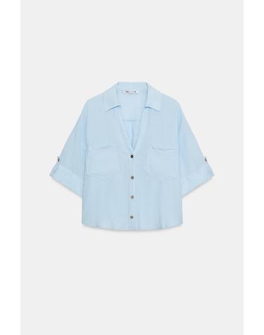 자라 린넨 혼방 브이넥 반팔 셔츠 2187/813/403 SKY BLUE