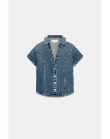 자라 슬림핏 브이넥 반팔 데님 셔츠 0695/260/400 BLUE