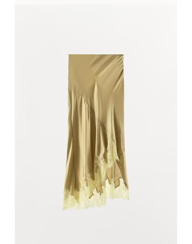자라 레이스 헴 새틴 미디 스커트 5344/147/505 KHAKI