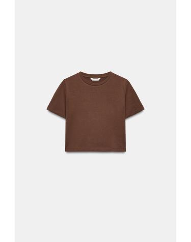 자라 슬림핏 크롭 라운드넥 반팔 티셔츠 2335/299/730 LIGHT BROWN