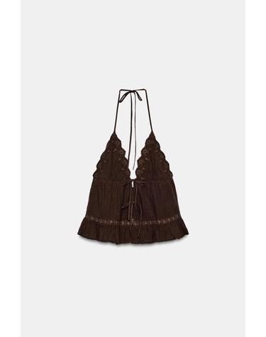 자라 자수 거즈 홀터넥 브이넥 민소매 탑 0881/035/700 BROWN