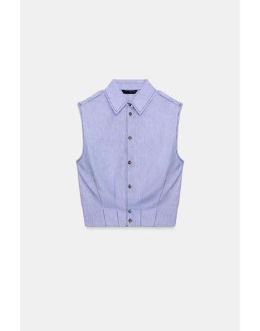 자라 린넨 혼방 스티치 민소매 셔츠 2608/753/406 LIGHT BLUE