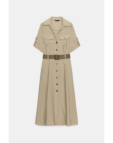 자라 벨트 A라인 미디 셔츠 원피스 7684/531/704 CAMEL
