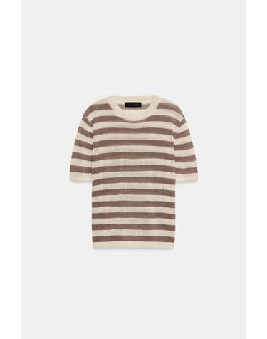 자라 스트라이프 라운드넥 반팔 니트 탑 2756/031/086 ECRU / BROWN