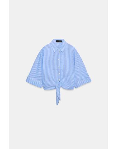 자라 크롭 린넨 혼방 스트라이프 셔츠 0340/151/044 BLUE/WHITE
