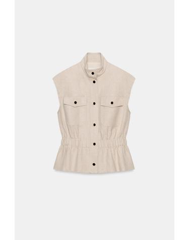 자라 린넨 혼방 하이넥 포켓 베스트 7741/793/052 LIGHT BEIGE