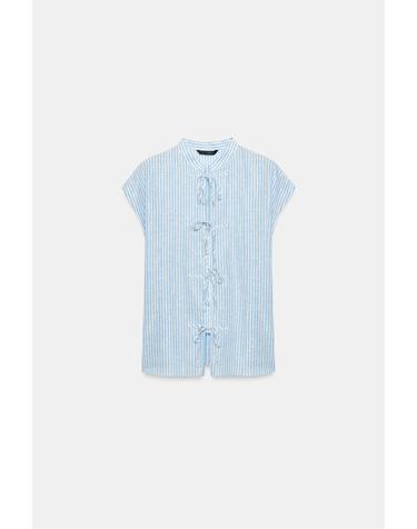 자라 메탈릭 스트라이프 리본 블라우스 7029/810/044 BLUE/WHITE