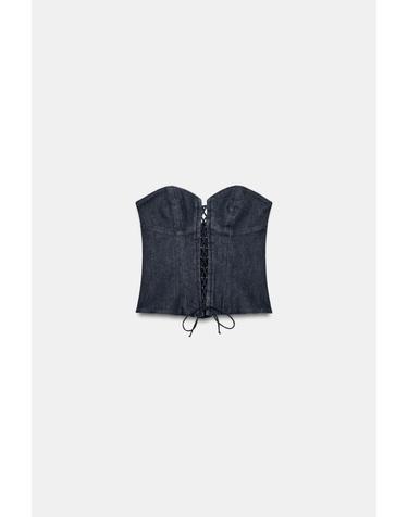 자라 레이스업 오프숄더 데님 코르셋 탑 6929/067/443 DARK INDIGO
