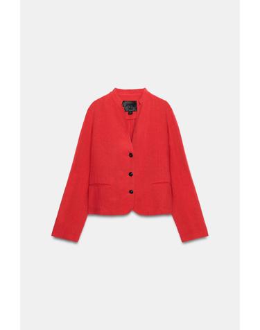 자라 린넨 혼방 브이넥 버튼 크롭 자켓 7018/304/600 RED