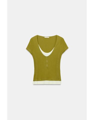 자라 슬림핏 레이어드 헨리넥 반팔 티셔츠 0085/807/506 LIGHT KHAKI