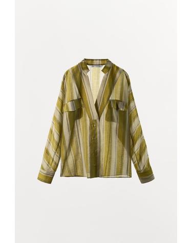 자라 스트라이프 브이넥 포켓 긴팔 셔츠 2183/250/390 GREEN STRIPE