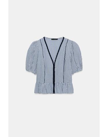 자라 깅엄 체크 페플럼 브이넥 블라우스 5029/153/043 NAVY / WHITE