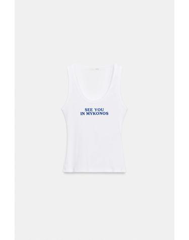 자라 프린트 라운드넥 골지 민소매 탑 0085/107/250 WHITE