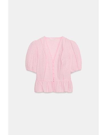 자라 깅엄 체크 페플럼 브이넥 블라우스 3564/161/046 PINK / WHITE
