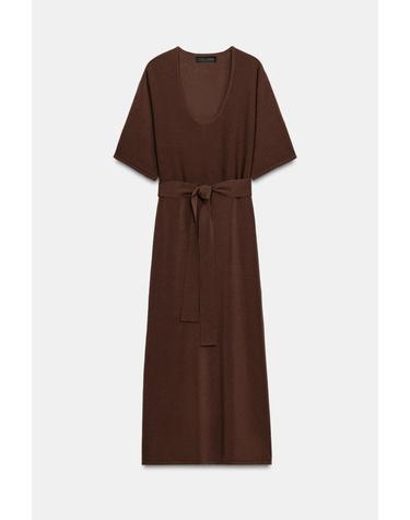 자라 브이넥 벨트 니트 미디 원피스 2756/046/700 BROWN
