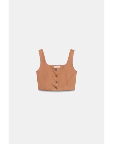 자라 크롭 골드 버튼 와이드 스트랩 베스트 9929/323/670 RUSSET
