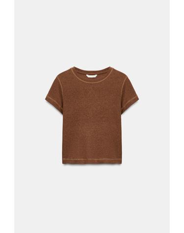 자라 슬림핏 라운드넥 린넨 혼방 반팔 티셔츠 3431/156/614 BURNT ORANGE