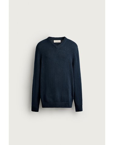 자라 브이넥 코튼 린넨 니트 스웨터 2632/309/401 NAVY BLUE