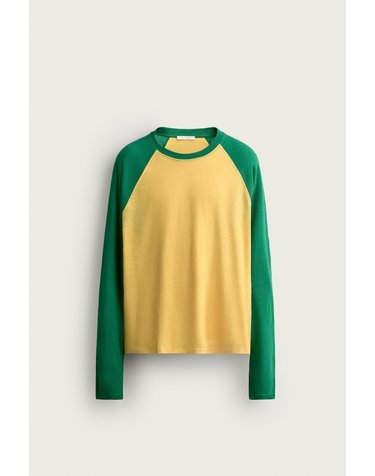 자라 컬러블록 면 린넨 긴팔 래글런 티셔츠 6264/301/500 GREEN