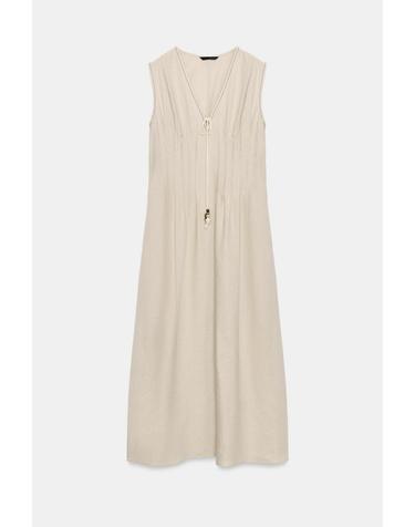자라 린넨 혼방 핀턱 브이넥 미디 원피스 7321/727/052 LIGHT BEIGE