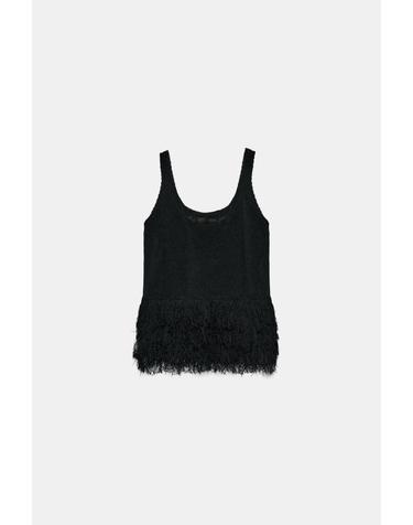 자라 프린지 헴 라운드넥 니트 탑 6771/025/800 BLACK
