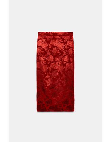 자라 플로럴 자카드 미디 펜슬 스커트 8754/512/606 BURGUNDY