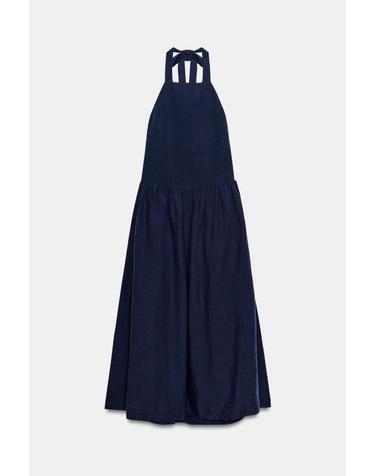 자라 린넨 혼방 홀터넥 오픈백 롱 원피스 2245/304/401 NAVY BLUE