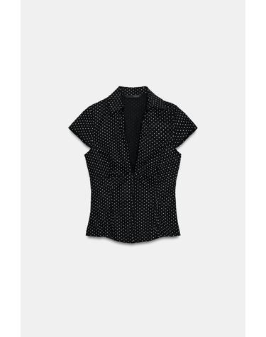 자라 도트 코르셋 브이넥 포플린 탑 4772/017/084 BLACK / WHITE