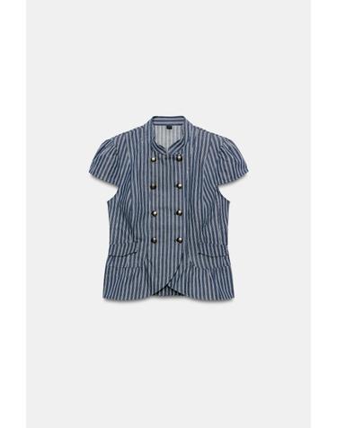 자라 스트라이프 버튼업 퍼프 소매 탑 2010/702/043 NAVY / WHITE
