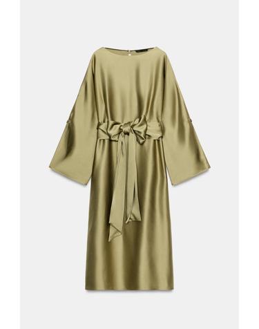 자라 새틴 벨트 미디 원피스 2241/789/515 OLIVE GREEN
