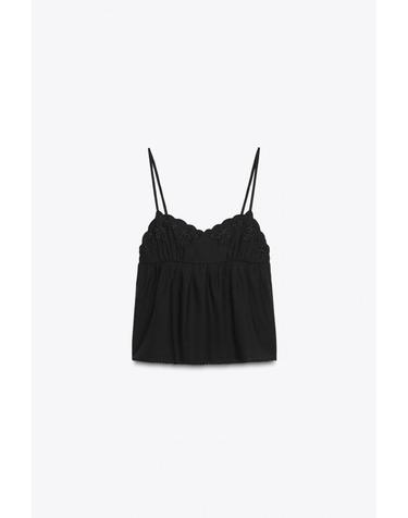 자라 플라워 자수 린넨 하트넥 스트랩 탑 0881/008/800 BLACK