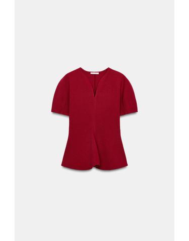자라 페플럼 브이넥 퍼프 소매 반팔 탑 5039/641/681 BURGUNDY