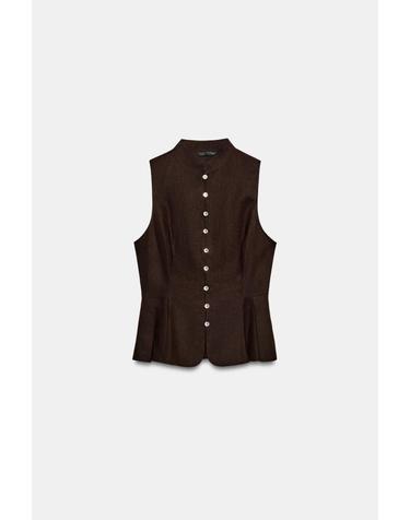 자라 린넨 혼방 하이넥 민소매 셔츠 7042/369/700 BROWN