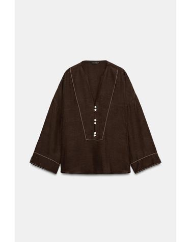 자라 린넨 혼방 브이넥 긴팔 셔츠 8012/501/700 BROWN