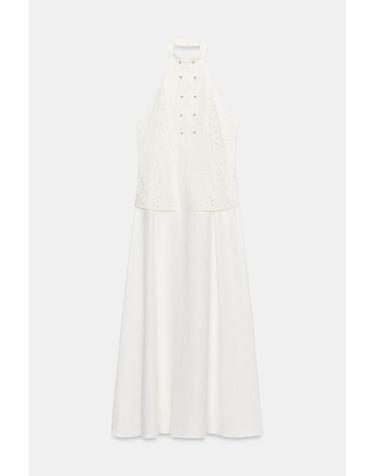 자라 자수 홀터넥 오픈백 롱 원피스 7342/734/250 WHITE