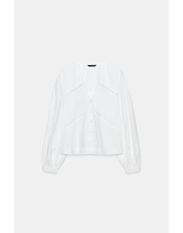 자라 자수 포플린 브이넥 긴팔 셔츠 5770/230/250 WHITE