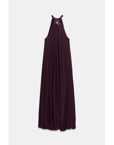 자라 플리츠 브로치 홀터넥 롱 원피스 2298/159/610 AUBERGINE